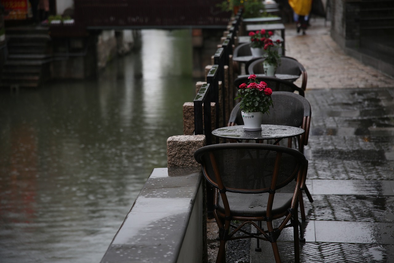 empty cafe tables along a sidewalk